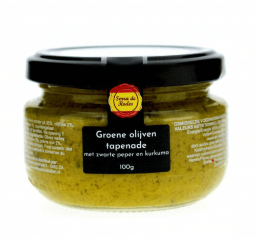 Groene olijven tapenade met zwarte peper en kurkuma